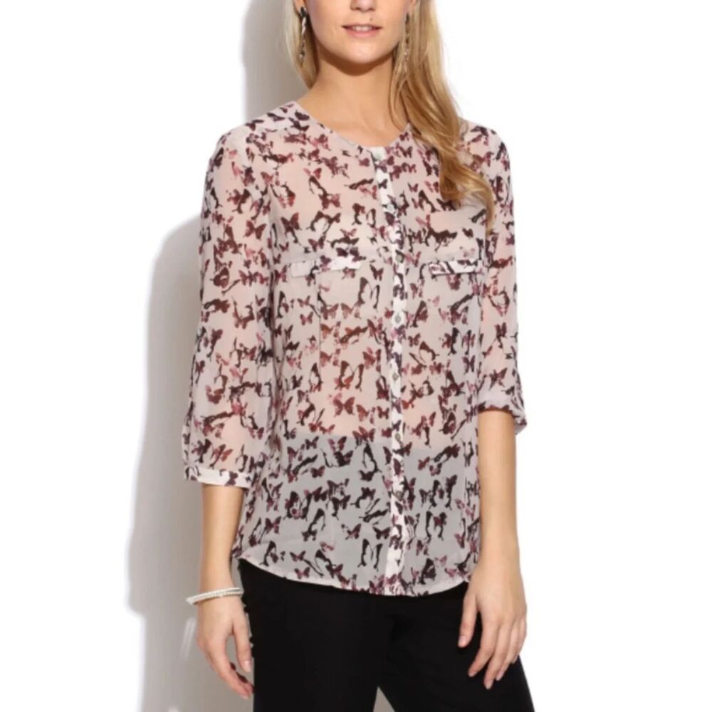 Mango Butterfly Print Sheer Blouse Purple Taupe Button Front Romantic Top Small